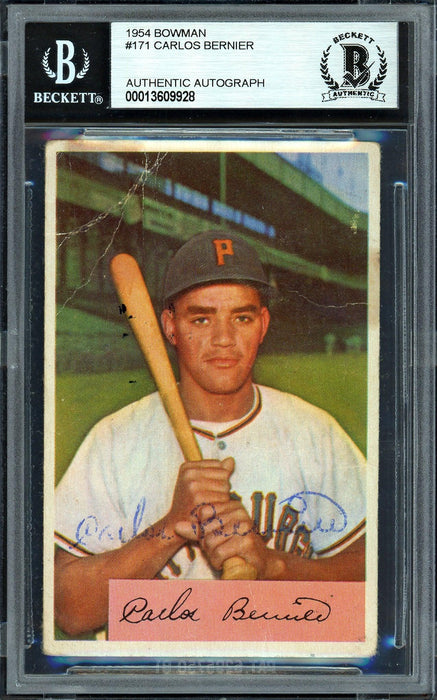 Carlos Bernier Autographed 1954 Bowman Card #171 Pittsburgh Pirates (Off-Condition) Beckett BAS #13609928 - RSA