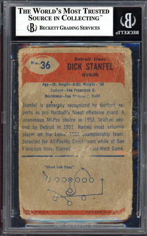 Dick Stanfel Autographed 1955 Bowman Rookie Card #36 Detroit Lions (Off-Condition) Beckett BAS #13610039 - RSA