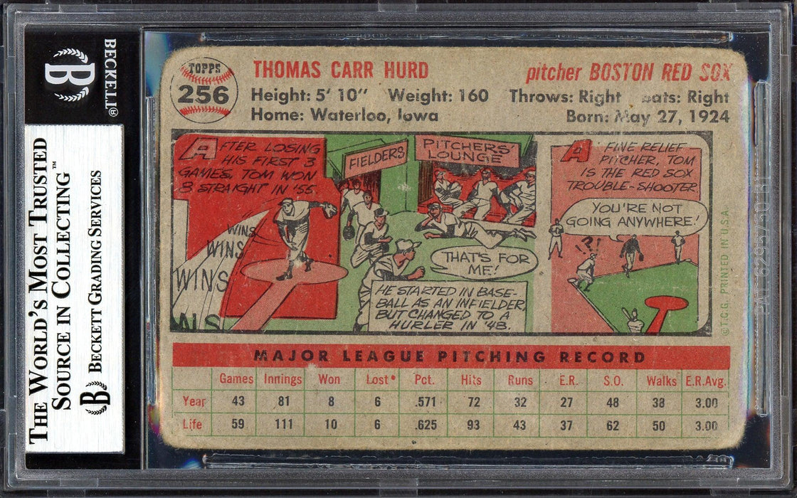 Tom Hurd Autographed 1956 Topps Card #256 Boston Red Sox (Off-Condition) Beckett BAS #13610268 - RSA