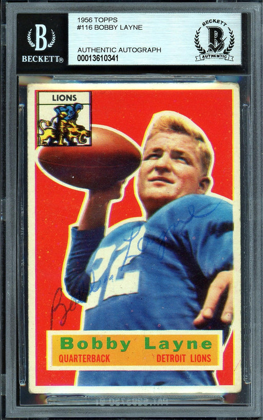 Bobby Layne Autographed 1956 Topps Card #116 Detroit Lions Beckett BAS #13610341 - RSA