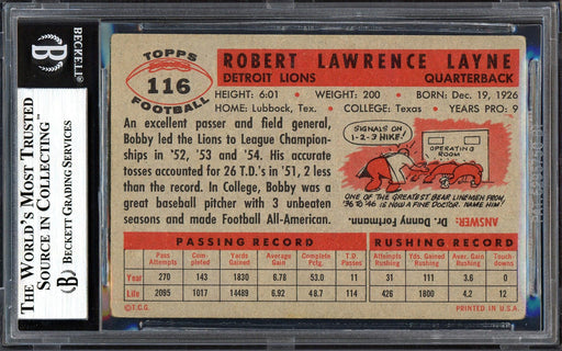 Bobby Layne Autographed 1956 Topps Card #116 Detroit Lions Beckett BAS #13610341 - RSA