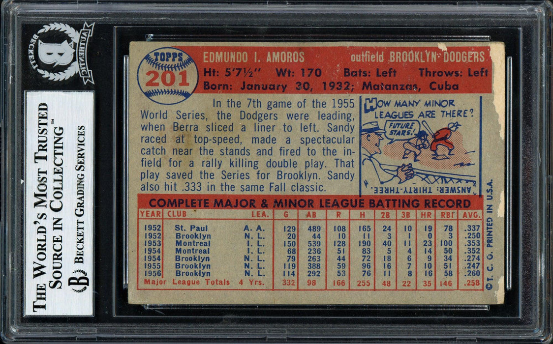 Sandy Amoros Autographed 1957 Topps Card #201 Brooklyn Dodgers Beckett BAS #12056603 - RSA