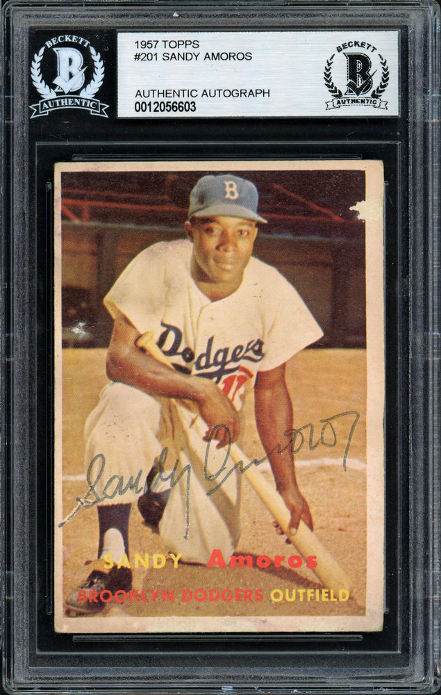Sandy Amoros Autographed 1957 Topps Card #201 Brooklyn Dodgers Beckett BAS #12056603 - RSA
