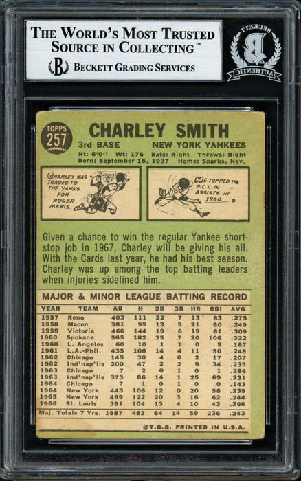 Charlie Smith Autographed 1967 Topps Card #257 New York Yankees Beckett BAS #12057154 - RSA