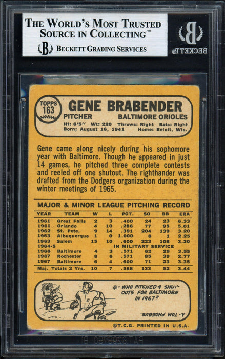 Gene Brabender Autographed 1968 Topps Card #163 Baltimore Orioles Beckett BAS #12057165 - RSA