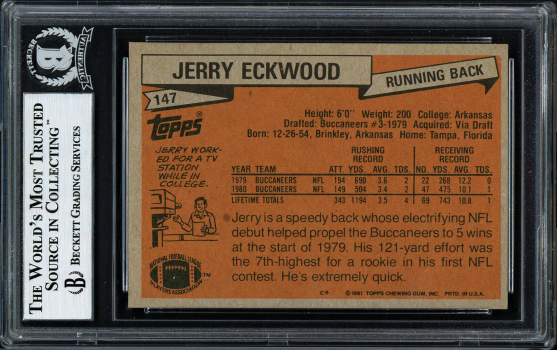Jerry Eckwood Autographed 1981 Topps Card #147 Tampa Bay Buccaneers Beckett BAS #12058721 - RSA
