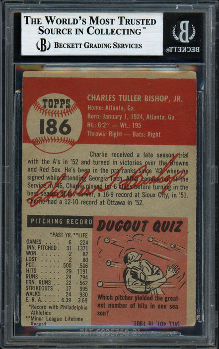 Charlie Bishop Autographed 1953 Topps Rookie Card #186 Philadelphia A's Beckett BAS #12058851 - RSA
