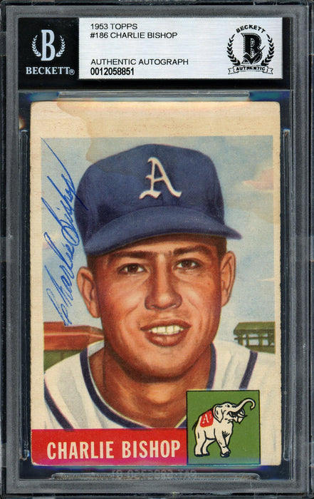 Charlie Bishop Autographed 1953 Topps Rookie Card #186 Philadelphia A's Beckett BAS #12058851 - RSA