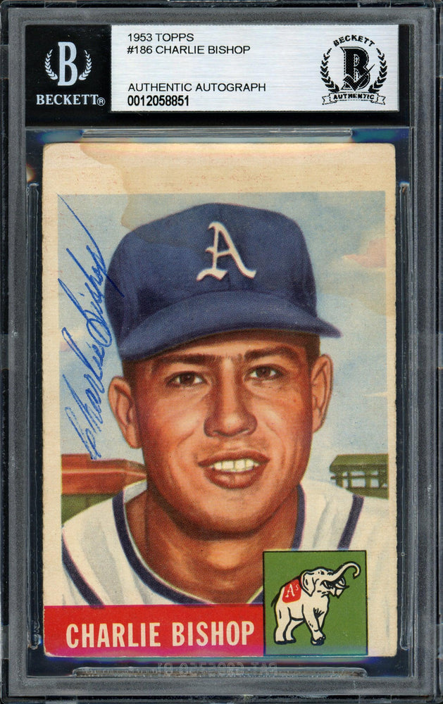 Charlie Bishop Autographed 1953 Topps Rookie Card #186 Philadelphia A's Beckett BAS #12058851 - RSA