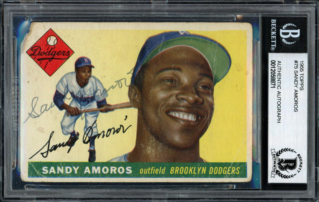 Sandy Amoros Autographed 1955 Topps Rookie Card #75 Brooklyn Dodgers Beckett BAS #12058871 - RSA