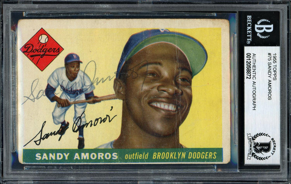 Sandy Amoros Autographed 1955 Topps Rookie Card #75 Brooklyn Dodgers Beckett BAS #12058872 - RSA