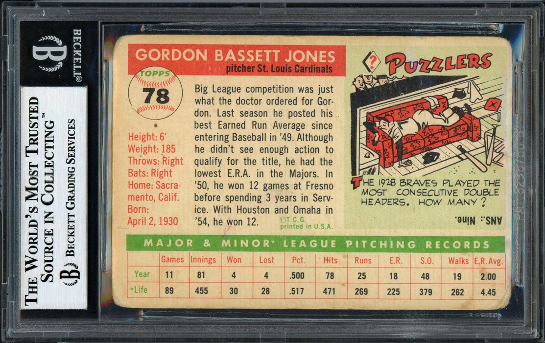 Gordon Jones Autographed 1955 Topps Rookie Card #78 St. Louis Cardinals Beckett BAS #12058876 - RSA