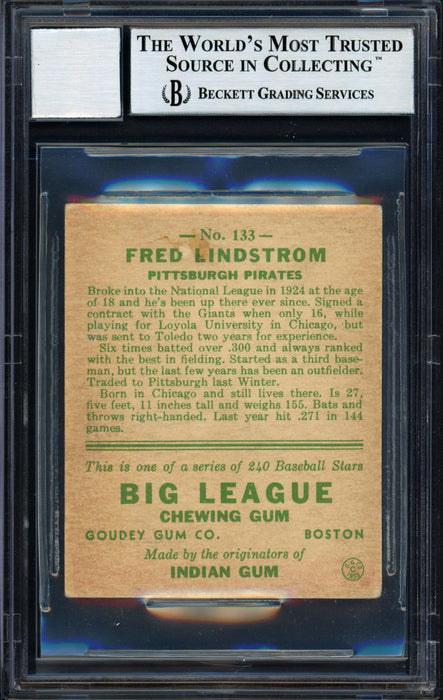 Fred Freddy Lindstrom Autographed 1933 Goudey Rookie Card #133 Pittsburgh Pirates Auto Grade 10 Beckett BAS #12060516 - RSA