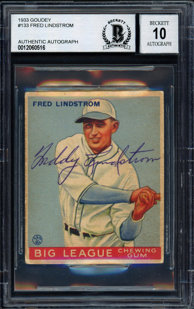 Fred Freddy Lindstrom Autographed 1933 Goudey Rookie Card #133 Pittsburgh Pirates Auto Grade 10 Beckett BAS #12060516 - RSA
