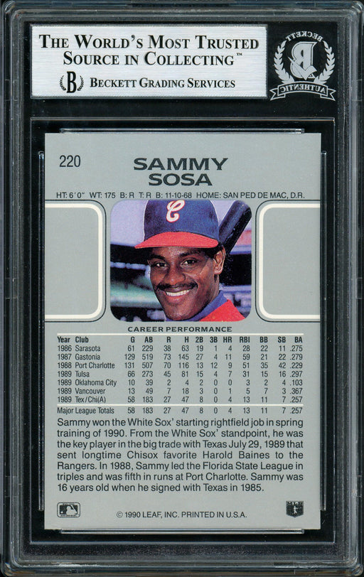 Sammy Sosa Autographed 1990 Leaf Rookie Card #220 Chicago White Sox Beckett BAS Stock #177672 - RSA