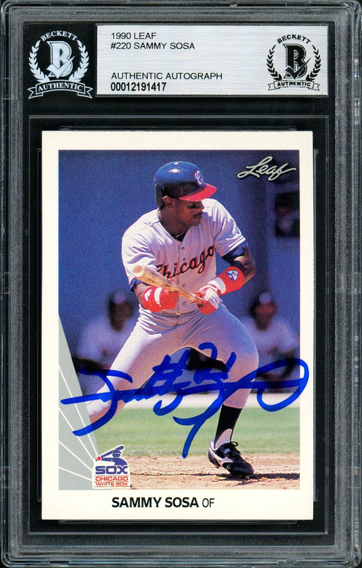 Sammy Sosa Autographed 1990 Leaf Rookie Card #220 Chicago White Sox Beckett BAS Stock #177672 - RSA