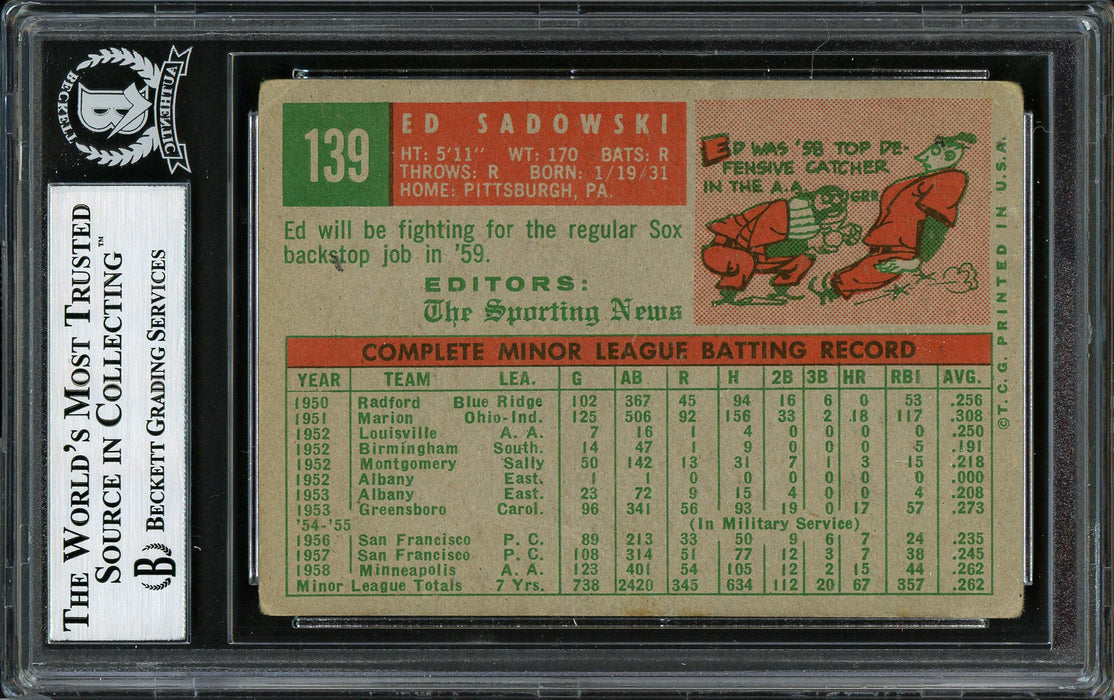 Ed Sadowski Autographed 1959 Topps Rookie Card #139 Boston Red Sox "Best Wishes" Beckett BAS #12305950 - RSA