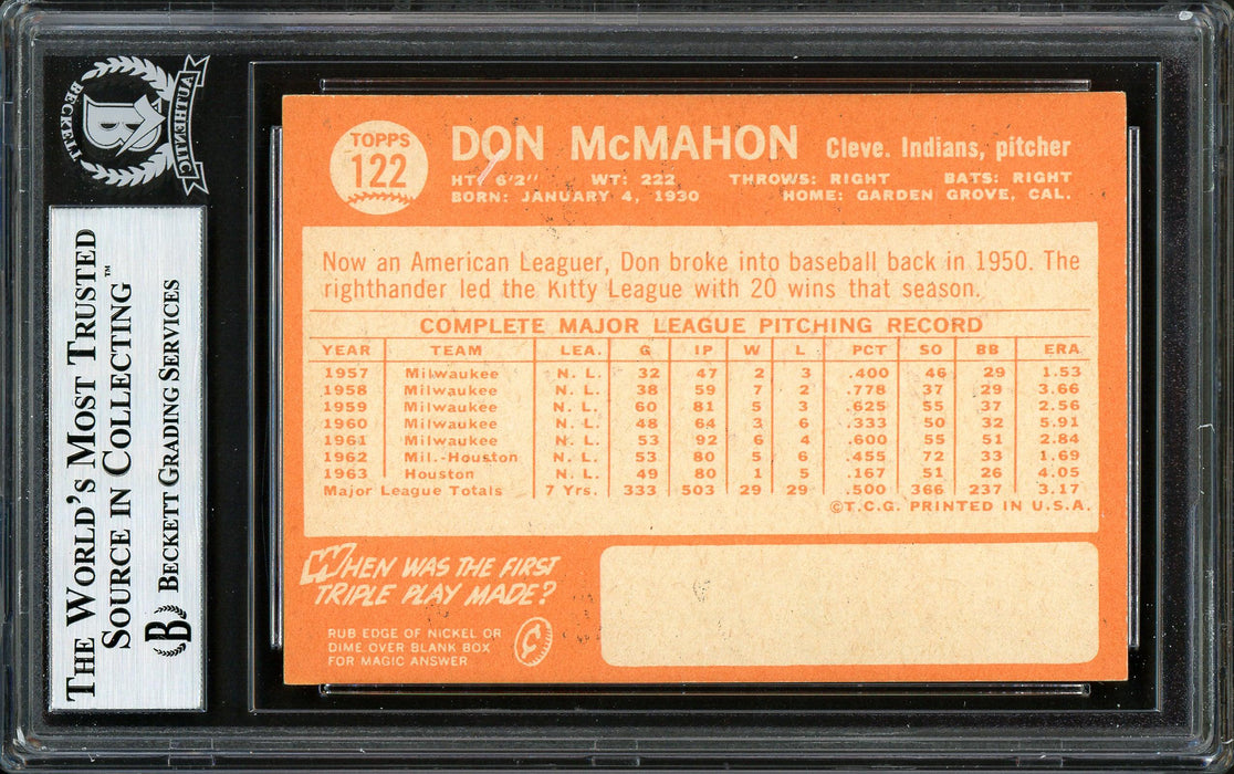 Don McMahon Autographed 1964 Topps Card #122 Cleveland Indians Beckett BAS #12306060 - RSA