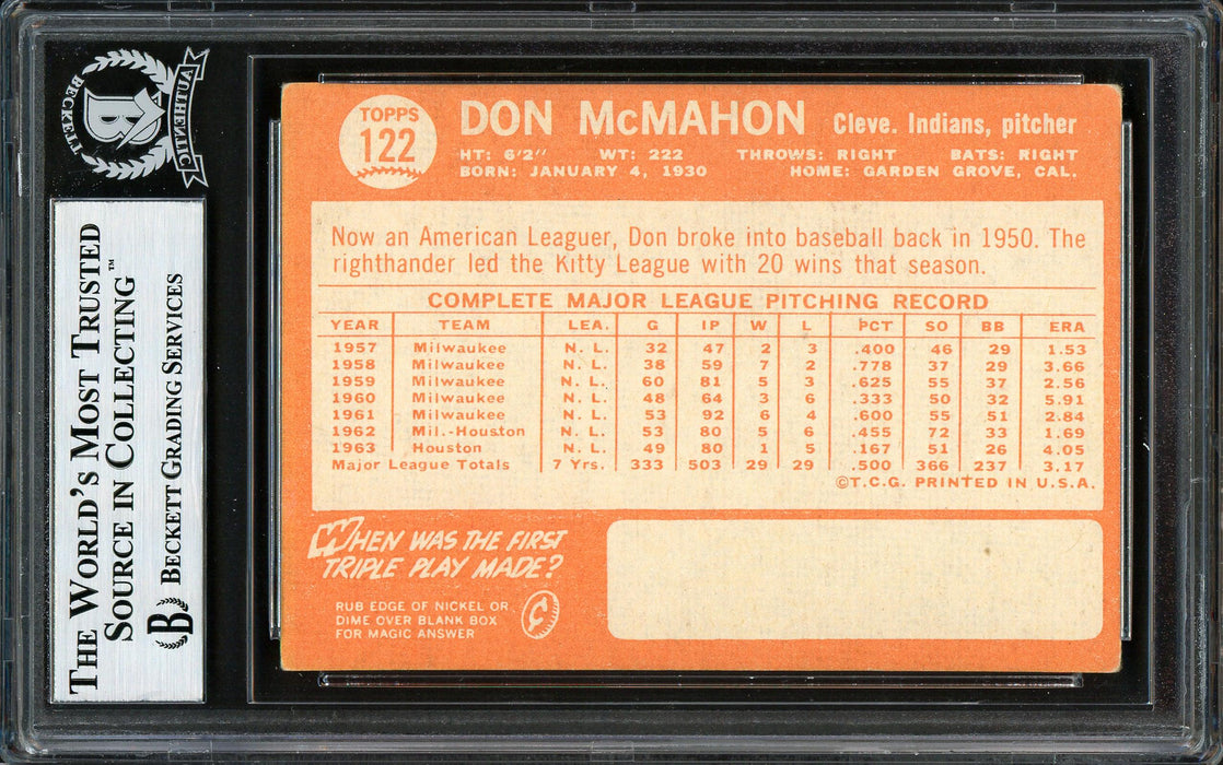 Don McMahon Autographed 1964 Topps Card #122 Cleveland Indians Beckett BAS #12306063 - RSA
