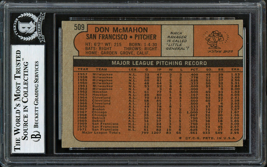 Don McMahon Autographed 1972 Topps Card #509 San Francisco Giants Beckett BAS #12306456 - RSA