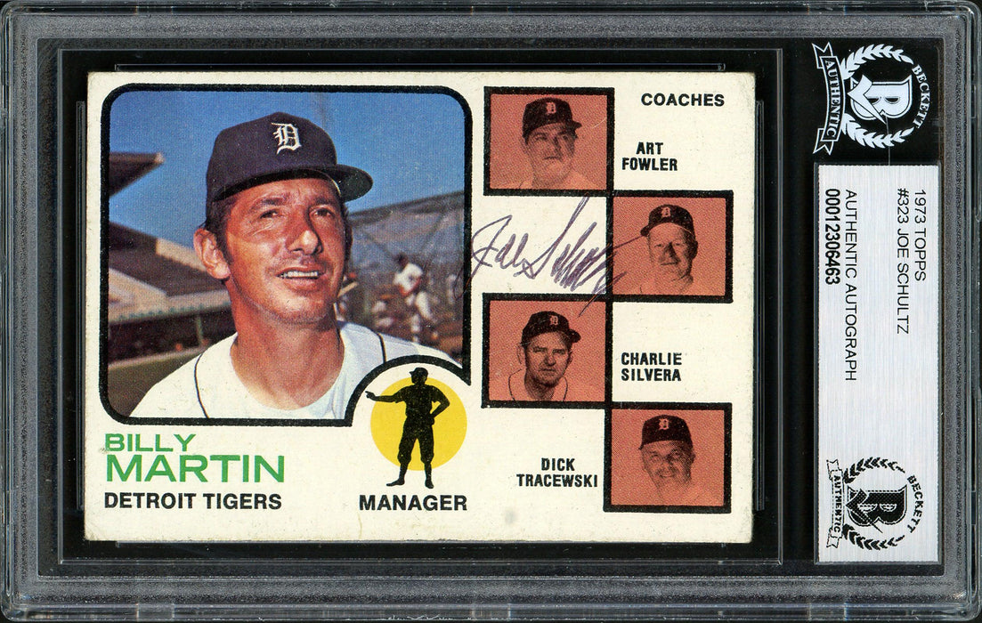 Joe Schultz Autographed 1973 Topps Card #323 Detroit Tigers Beckett BAS #12306463 - RSA
