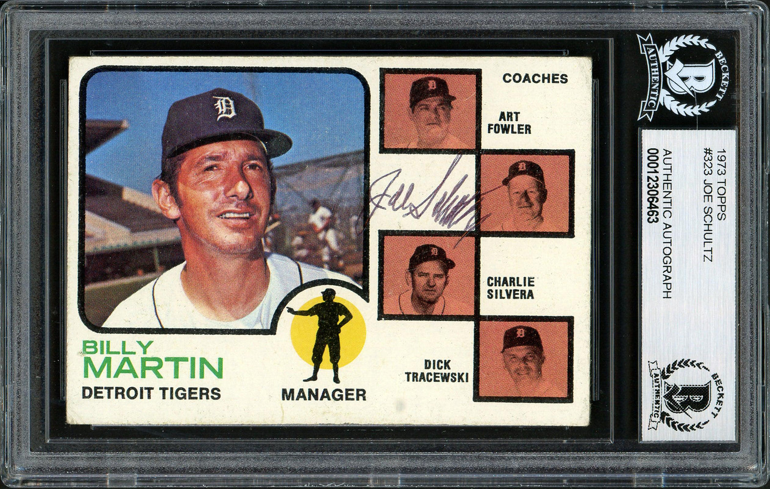 Joe Schultz Autographed 1973 Topps Card #323 Detroit Tigers Beckett BAS #12306463 - RSA