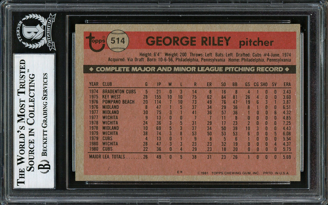 George Riley Autographed 1981 Topps Rookie Card #514 Chicago Cubs Beckett BAS #12306799 - RSA