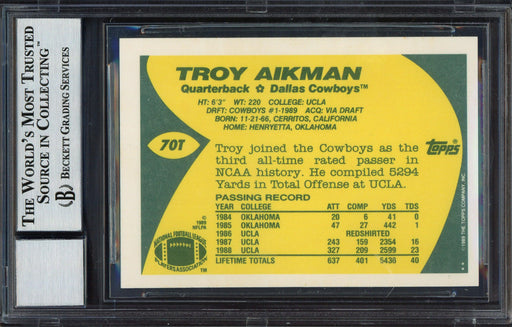 Troy Aikman Autographed 1989 Topps Traded Rookie Card #70T Dallas Cowboys Auto Grade Gem Mint 10 Beckett BAS Stock #181873 - RSA