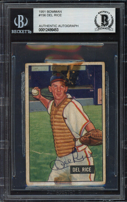 Del Rice Autographed 1951 Bowman Card #156 St. Louis Cardinals Beckett BAS #12486453 - RSA