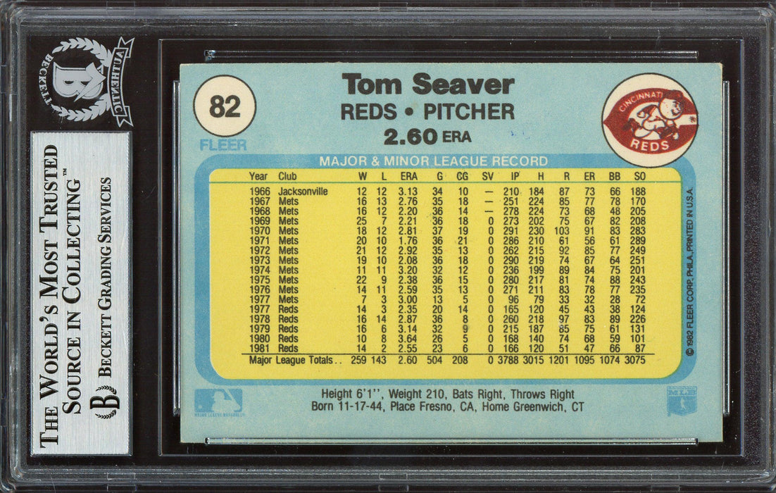 Tom Seaver Autographed 1982 Fleer Card #82 Cincinnati Reds Beckett BAS #12486494 - RSA