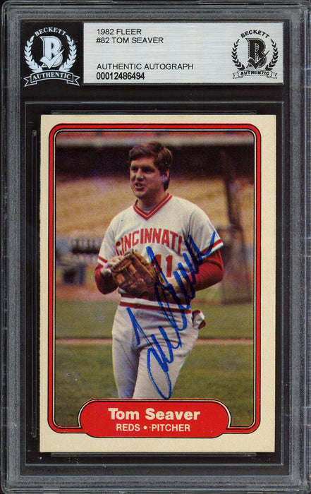 Tom Seaver Autographed 1982 Fleer Card #82 Cincinnati Reds Beckett BAS #12486494 - RSA