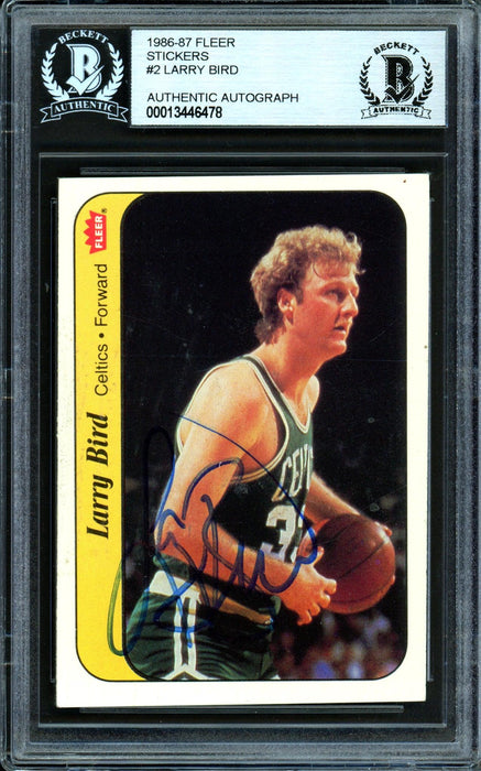 Larry Bird Autographed 1986-87 Fleer Sticker Card #2 Boston Celtics Beckett BAS #13446478 - RSA