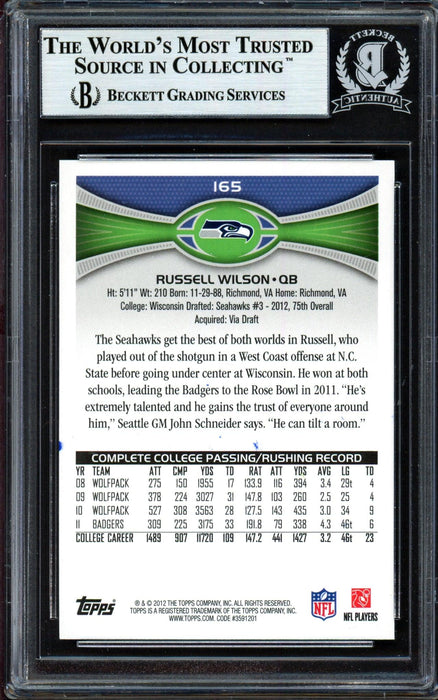 Russell Wilson Autographed 2012 Topps Rookie Card #165 Seattle Seahawks Beckett BAS #13447100 - RSA