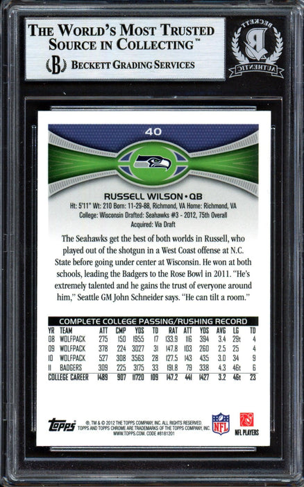 Russell Wilson Autographed 2012 Topps Chrome Rookie Card #40 Seattle Seahawks Beckett BAS #13447113 - RSA