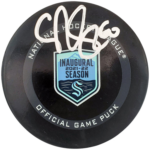 Chris Driedger Autographed Official Seattle Kraken Logo Hockey Puck Inaugural Season Logo Fanatics Holo Stock #200853 - RSA