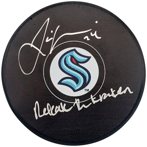 Jamie Oleksiak Autographed Official Seattle Kraken Logo Hockey Puck "Release the Kraken" Fanatics Holo Stock #200859 - RSA