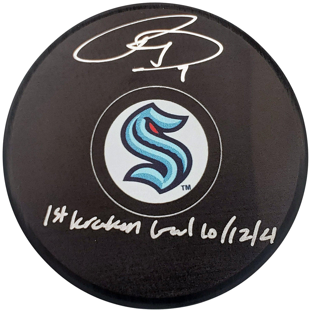 Ryan Donato Autographed Official Seattle Kraken Logo Hockey Puck "First Kraken Goal 10/12/21" Fanatics Holo Stock #200864 - RSA
