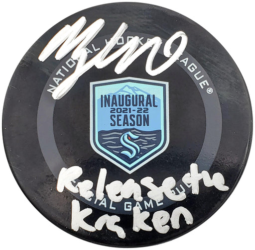 Morgan Geekie Autographed Official Seattle Kraken Logo Hockey Puck Inaugural Season Logo "Release the Kraken" Fanatics Holo Stock #200884 - RSA