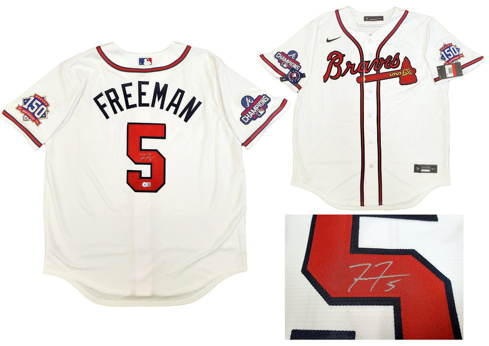 Atlanta Braves Freddie Freeman Autographed White Nike Jersey World Series Patch Size L Beckett BAS QR Stock #200885 - RSA