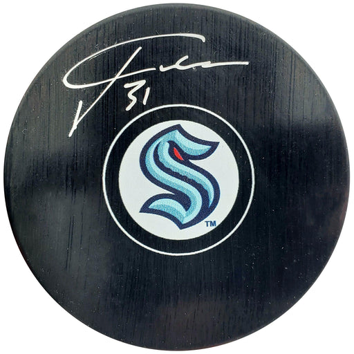 Philipp Grubauer Autographed Official Seattle Kraken Logo Hockey Puck Fanatics Holo Stock #200455 - RSA