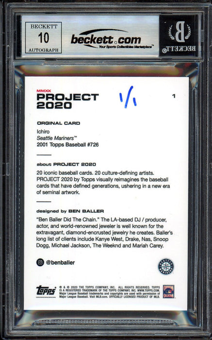 Ichiro Suzuki Autographed Topps Project 2020 Ben Baller Card #1 Seattle Mariners Auto Grade Gem Mint 10 "509 SB" Silver #1/1 Beckett BAS #13713423 - RSA