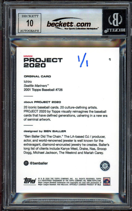 Ichiro Suzuki Autographed Topps Project 2020 Ben Baller Card #1 Seattle Mariners Auto Grade Gem Mint 10 "10X GG" Silver #1/1 Beckett BAS #13713425 - RSA