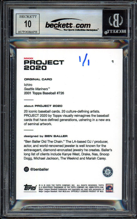 Ichiro Suzuki Autographed Topps Project 2020 Ben Baller Card #1 Seattle Mariners Auto Grade Gem Mint 10 "01 MVP" Silver #1/1 Beckett BAS #13713424 - RSA