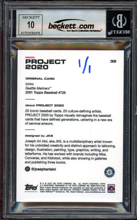 Ichiro Suzuki Autographed Topps Project 2020 JK5 Card #32 Seattle Mariners Auto Grade Gem Mint 10 Blue #1/1 Beckett BAS #13713421 - RSA