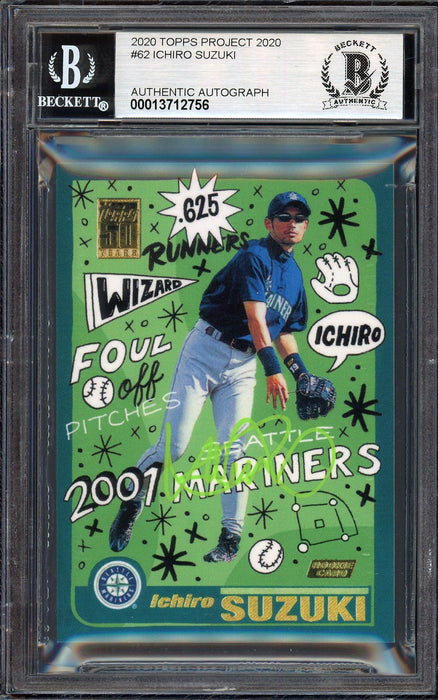 Ichiro Suzuki Autographed Topps Project 2020 Sophia Chang Card #62 Seattle Mariners Auto Grade Gem Mint 10 Lime Green #/10 Beckett BAS Stock #200955 - RSA