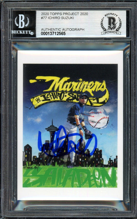 Ichiro Suzuki Autographed Topps Project 2020 King Saladeen Card #77 Seattle Mariners Auto Grade Gem Mint 10 Blue #/10 Beckett BAS Stock #200959 - RSA