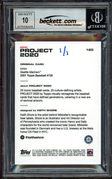 Ichiro Suzuki Autographed Topps Project 2020 Keith Shore Card #120 Seattle Mariners Auto Grade Gem Mint 10 "01 ROY/MVP" Blue #1/1 Beckett BAS #13712602 - RSA