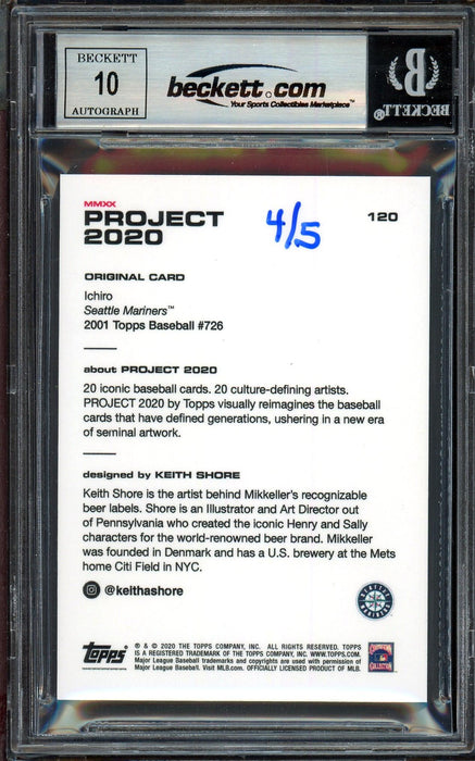 Ichiro Suzuki Autographed Topps Project 2020 Keith Shore Card #120 Seattle Mariners Auto Grade Gem Mint 10 Black #/5 Beckett BAS Stock #200965 - RSA