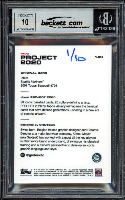 Ichiro Suzuki Autographed Topps Project 2020 Grotesk Card #149 Seattle Mariners Auto Grade Gem Mint 10 Gold #1/10 Beckett BAS #13712764 - RSA