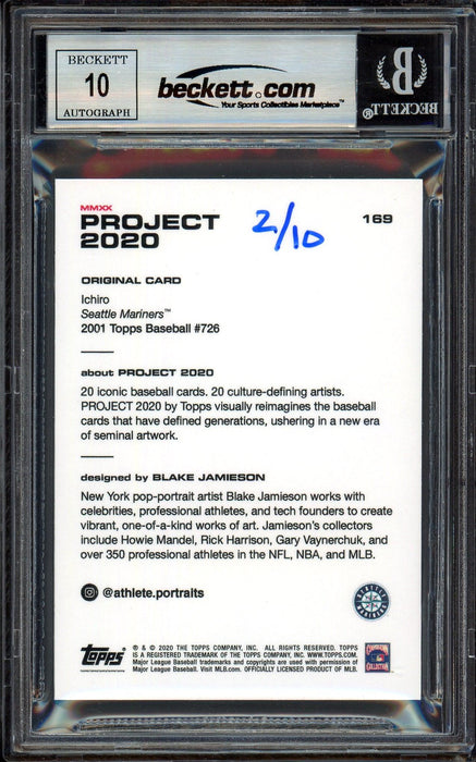 Ichiro Suzuki Autographed Topps Project 2020 Blake Jamieson Card #169 Seattle Mariners Auto Grade Gem Mint 10 Blue #/10 Beckett BAS Stock #200984 - RSA